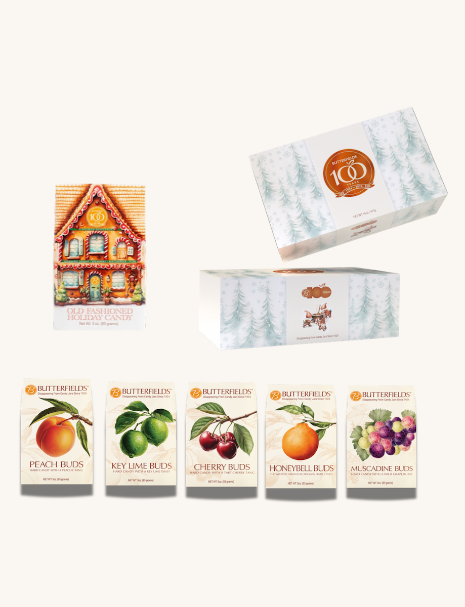 Butterfields holiday gift boxes with Peach, Key Lime, Cherry, Honeybell, and Muscadine Buds boxes