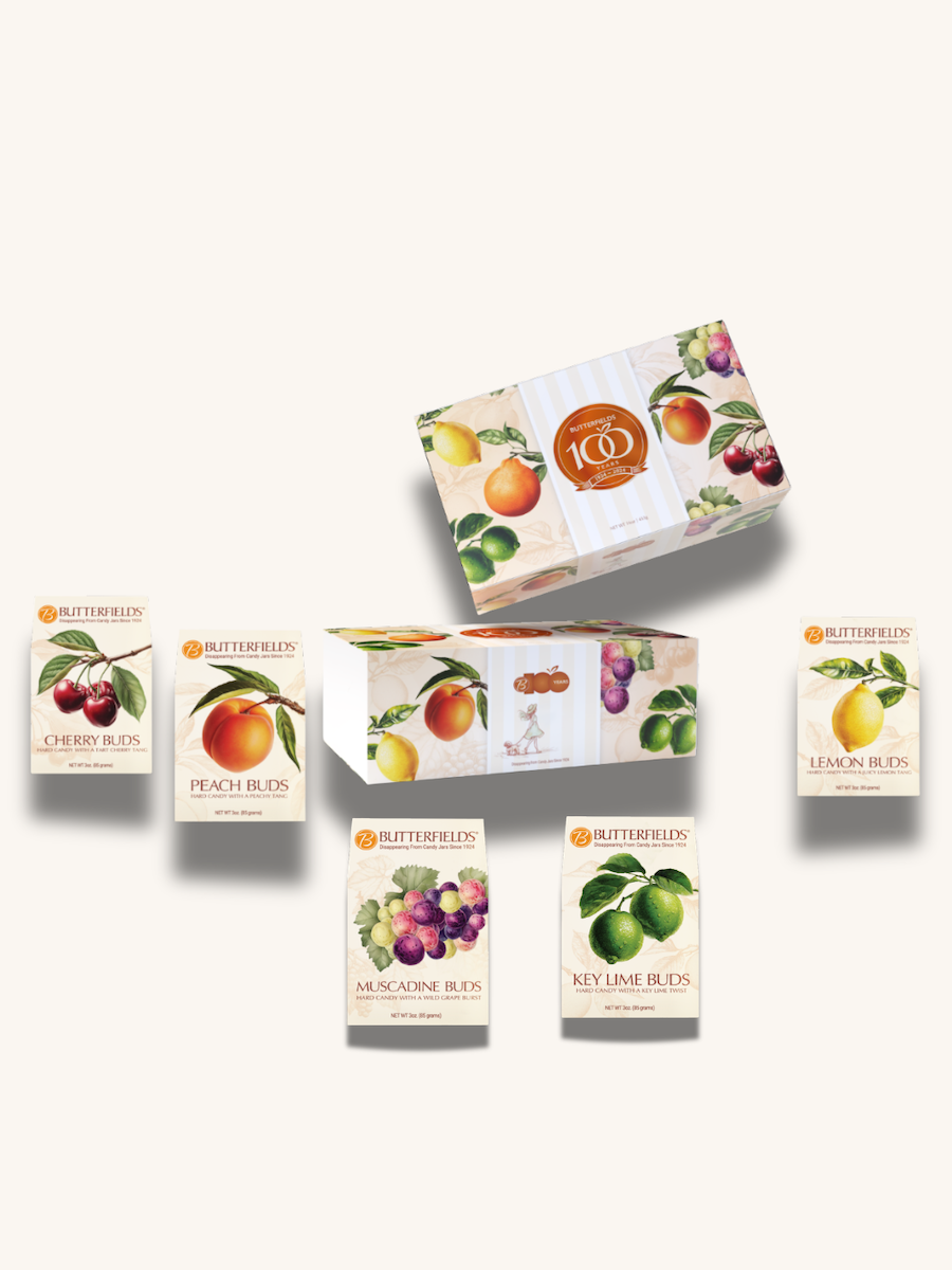 Butterfields centennial gift box with five fruit-flavor candy boxes