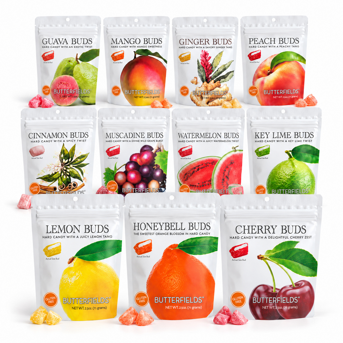 Butterfields Signature Sampler: eleven 2.5 oz pouches of hard candy, Guava, Mango, Ginger, Peach, Cinnamon, Muscadine, Watermelon, Key Lime, Lemon, Honeybell Orange, and Cherry.